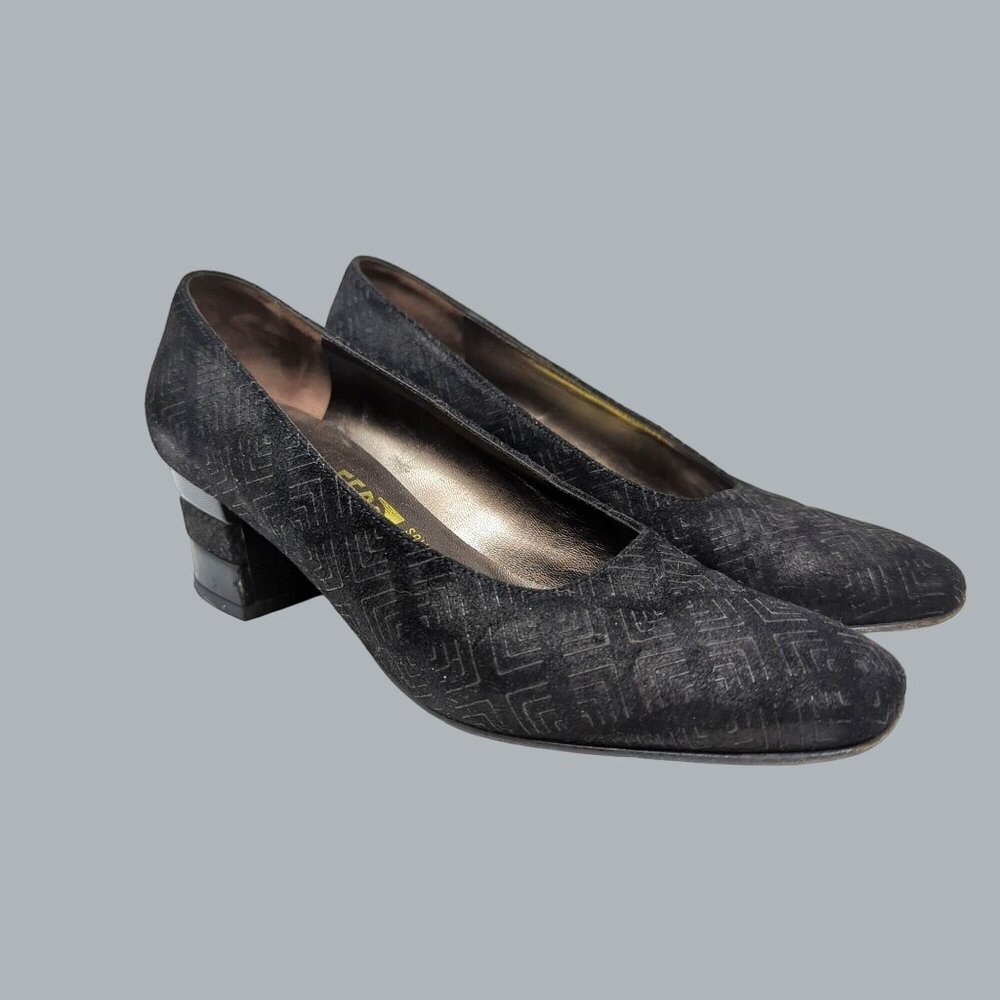 Vintage Ferragamo Black Shoes 6.5 Block Heel Suede